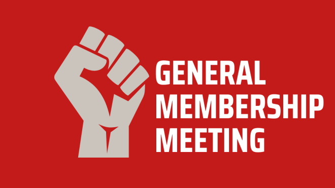 Red graphic General Membership Meeting Logo
